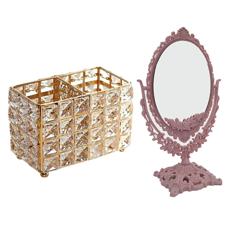 

1 Pcs Crystal Glass Makeup Brush Holder Lipstick Desktop Organizer & 1 Pcs Cosmetic Mirror Light Luxury Makeup Mirror