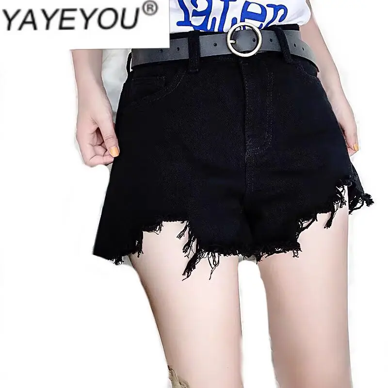 

YAYEYOU высокая талия, перфорированные и нерегулярные джинсовые шорты, женский весенний костюм, новые тонкие прямые брюки с широкими штанинами