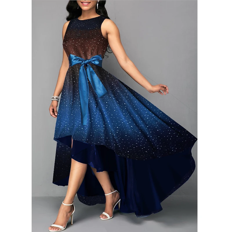 Летнее модное женское платье без рукавов с градиентом блестками и асимметричной