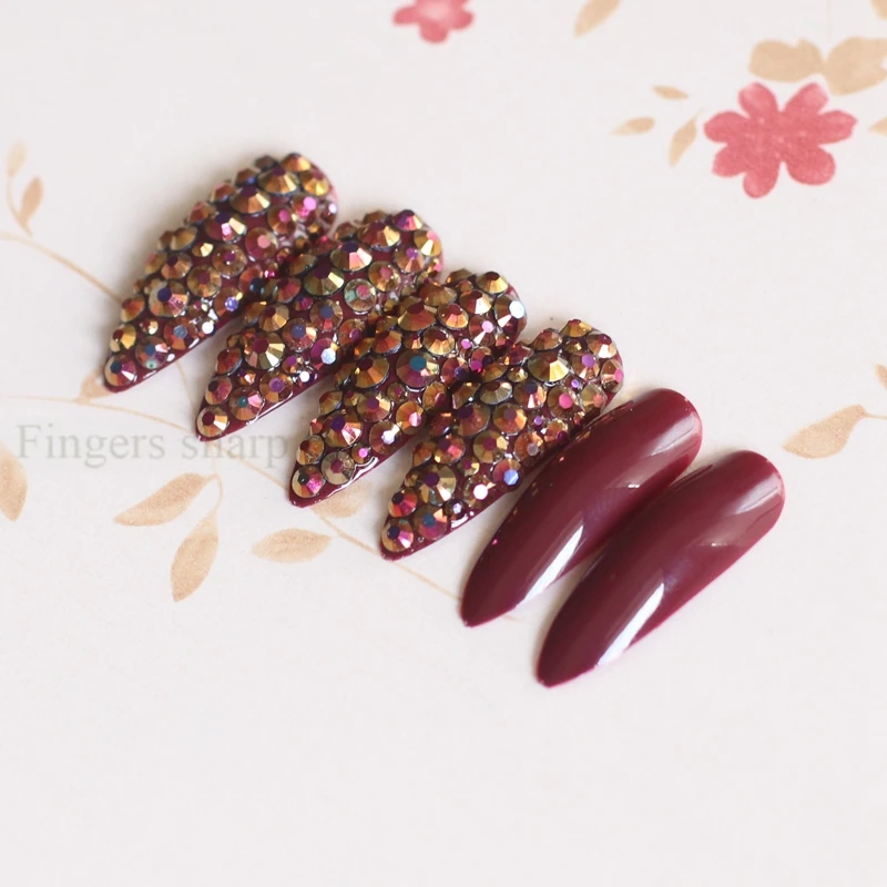 New Extra long pointed oval fake nails slim art salon nail crystal diamond nail Vampire color