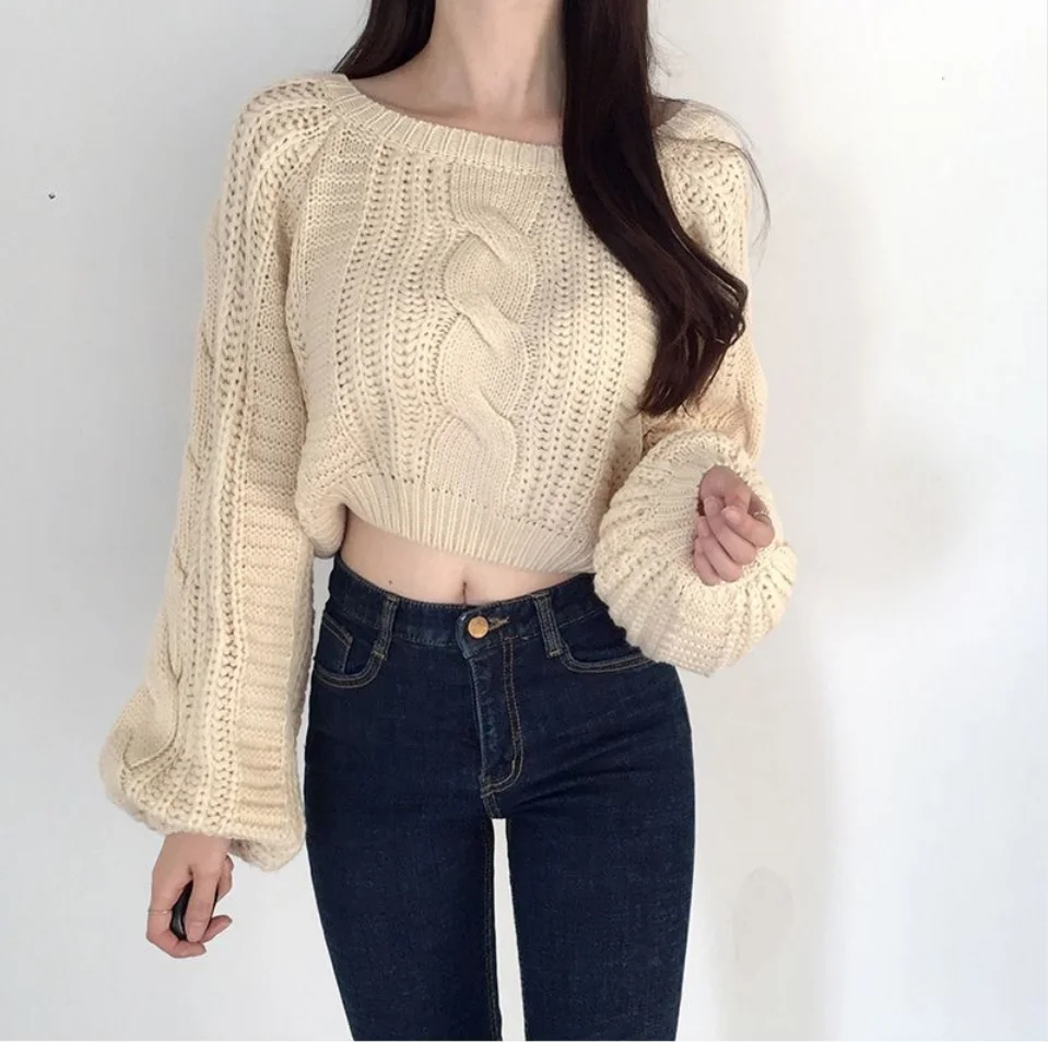 Neploe Pull Femme свободная короткая перекрестная вязка Топы Женские однотонные цветной фонарь свитер с длинными рукавами женские корейские модные новые уличные