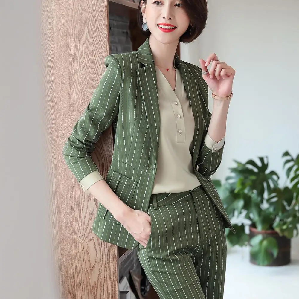 

women casual pant suit largest size 5XL Green Pink Striped suit Jackets And pant 2 Piece sets suits
