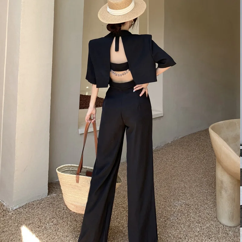 Suit Jacket Women Summer Chain Short Sleeve Loose White Short Top+High Waist Straight Wide Leg Casual Trousers Trend 2 Pice Set