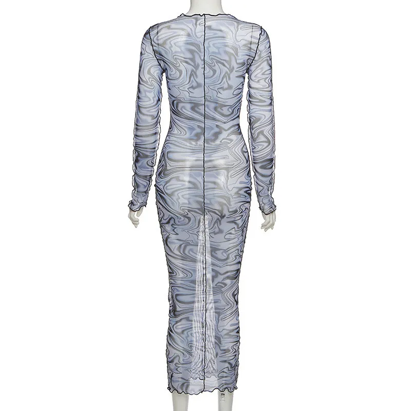 

Zoctuo Vintage Print Sexy Bodycon Dress Long Sleeve Dress Mesh See-Through Maxi Dress Autumn Winter Women Fashion Club Dress