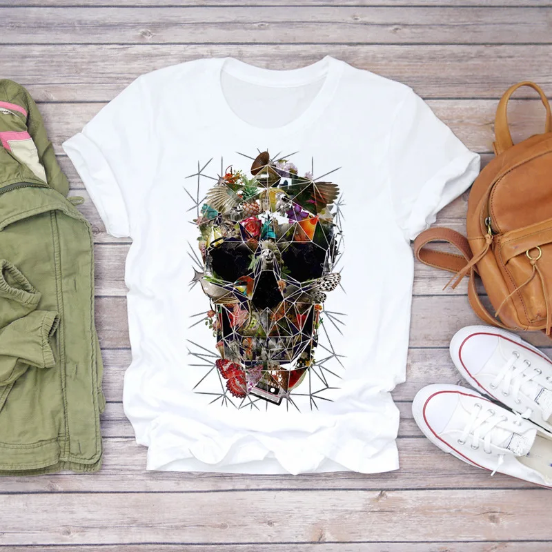 

Женская летняя модная футболка с принтом скелета бабочки растений с коротким рукавом Топ Футболка женская футболка с графическим принтом