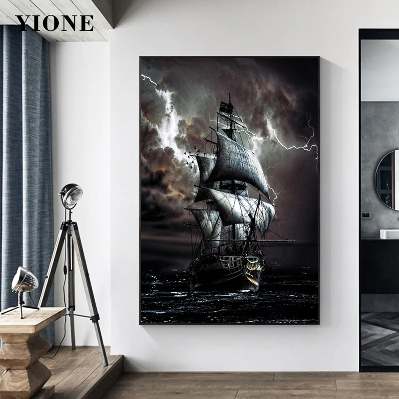 

Retro Pirate Ship Black Sailboat Night Sea Sailing Canvas Painting Landscape Picture Wall Art Poster Print for Living Room Decor