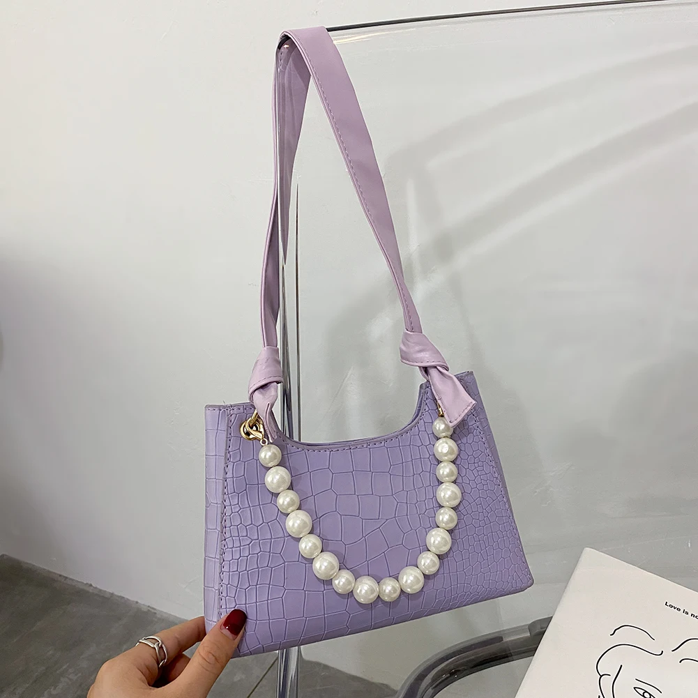 

Fashion Solid Color Shoulder Bags for Women 2020 Portable PU Leather Handbag Totes Casual Travel Female Pearl Subaxillary Bag