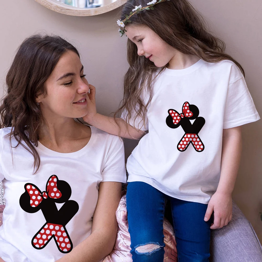 Mickey Mouse Style Letters ABC Print Family Matching Clothes Outfits Mommy Daughter Summer Short Sleeve O-neck White Tee Shirts | Мать и