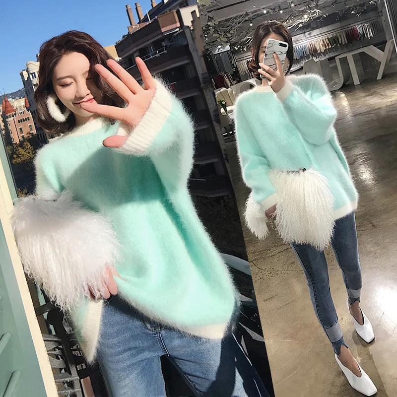 Synthetic Mink Cashmere Sweater Women Autumn Winter Contrast Color Lazy Oaf Fluffy Warm Pullover Sweaters Knitted jersey mujer | Женская