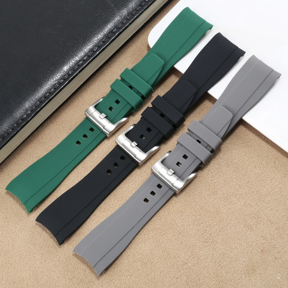 

New 18mm 20mm 22mm Curved End Rubber Green Watchband for Rolex Green Water Ghost Explorer Yacht Master Daytona Submariner Strap