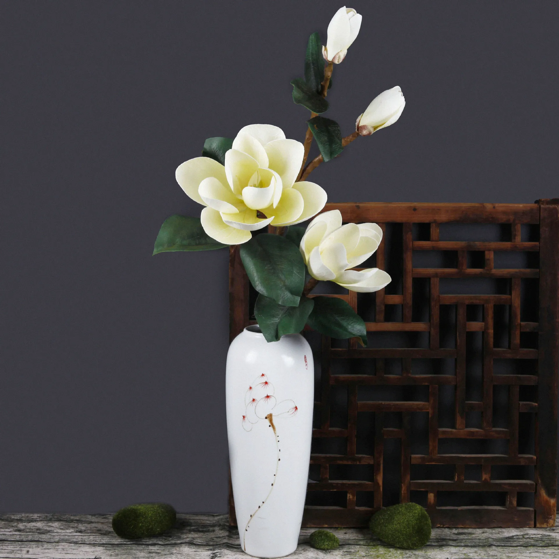 

95cm Artificial Long Pole 4 PU Magnolia Family Wedding Hotel Restaurant Office Decoration Flower Fake Plant Flower Arrangement