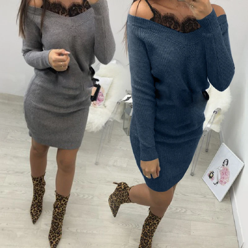 Женское платье свитер однотонное кружевное мини с v образным вырезом и длинным