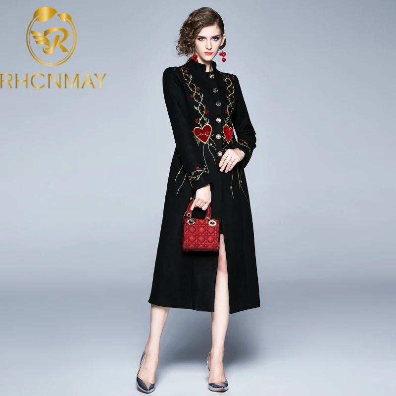 

High Qulaity Luxury Women Trench Coat New 2020 Winter Tweed Floral Embroidery Thick Warm Single Breasted Vintage Long Wool Coat