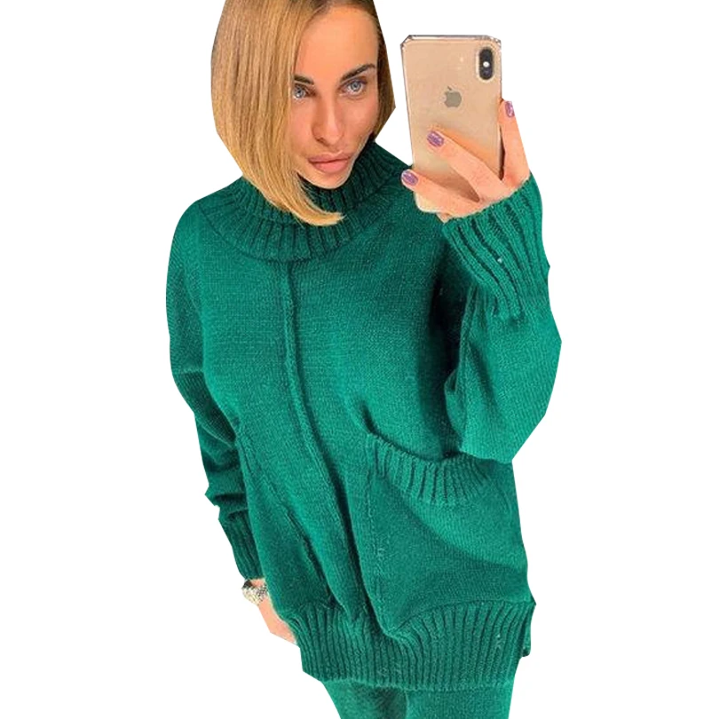 MVGIRLRU для женщин осень вязаный комплект из двух предметов средней длины на подкладке с разрезом карманы свитер+ брюки костюмы