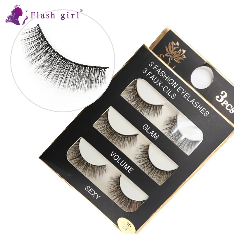 Flash Girl Hot sale 3D04 good quality 3 Pairs 100% Handmade 3D Mink False Eyelashes With Packaging Box