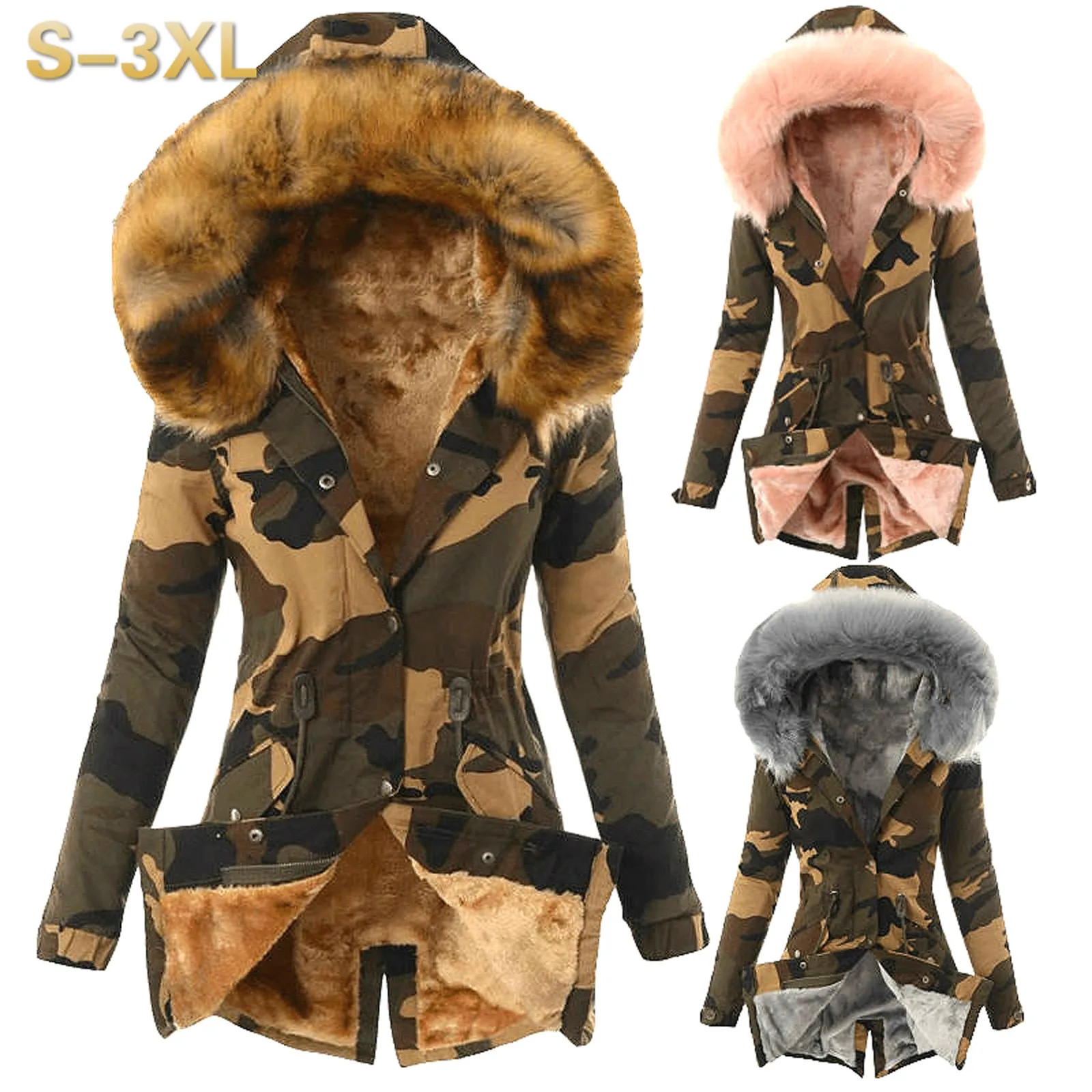 

Women's Warm Coat Jacket Outwear Fur' Lined Trench Winter Hooded Thick Overcoat Outwear Pocket Buttonless Cardigan Hooded