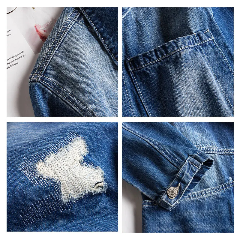 Men Denim Jumpsuit Long Sleeve Blue Workwear Hip Hop Streetwear Jeans Overalls Fashion Cargo Pants Leisure Freight Trousers