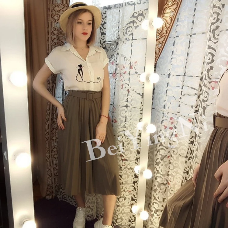

High Waist Women Skirt Casual Vintage Solid Belted Pleated Midi Skirts Lady 11 Colors Fashion Simple Saia Mujer Faldas
