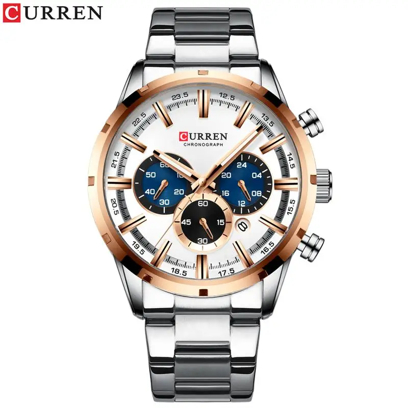 Silver Gold CURREN Часы мужские из нержавеющей стали Кварцевые наручные часы Военные хронограф мужские часы модные повседневные спортивные водонепроницаемые часы - Цвет: Silver Gold