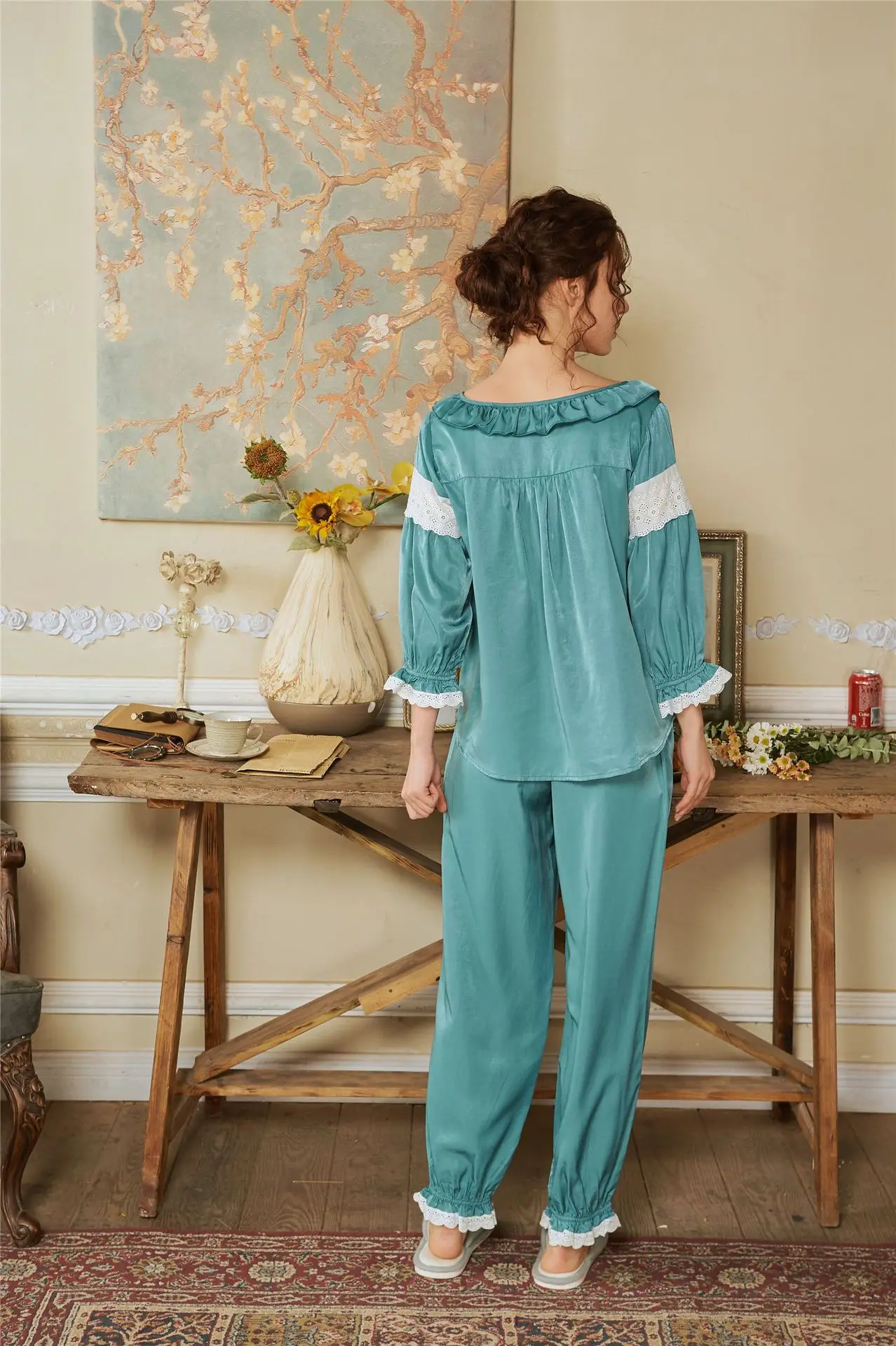 

Spring&Autumn Pajamas Set Women Cute Sweet Princess Round Neck Lace Nightwear Set 3/4 Sleeve Ruffled Homewear Long Sleeve Nighty