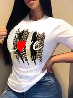 2022 summer women casual round neck fashion white tops leopard letterheart print short sleeve oversize t shirt