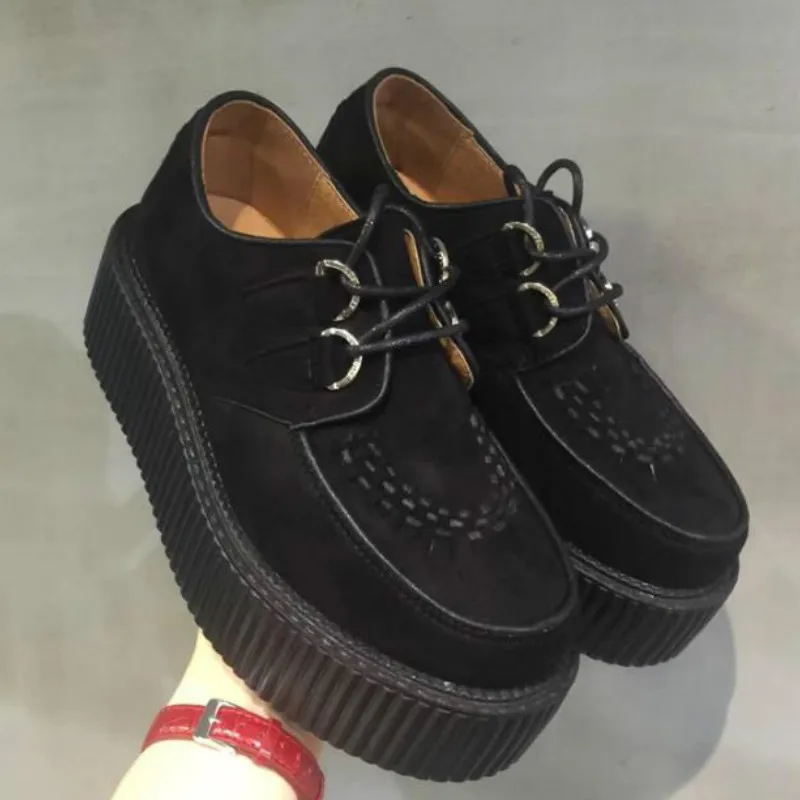 Черная обувь в стиле Харадзюку Классическая на высокой платформе со шнуровкой