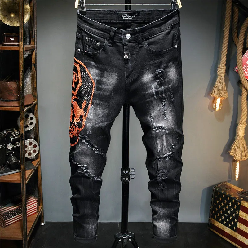 

European Style Men Brand Jeans Mens Slim Denim Trousers Black Jeans Straight Skulls Biker Hole Black Jeans Pants for Men