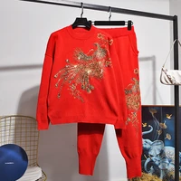 korean fashion beading phoenix embroidery knitted tracksuits women 2pc loose black pink red knit sweater long pants set female