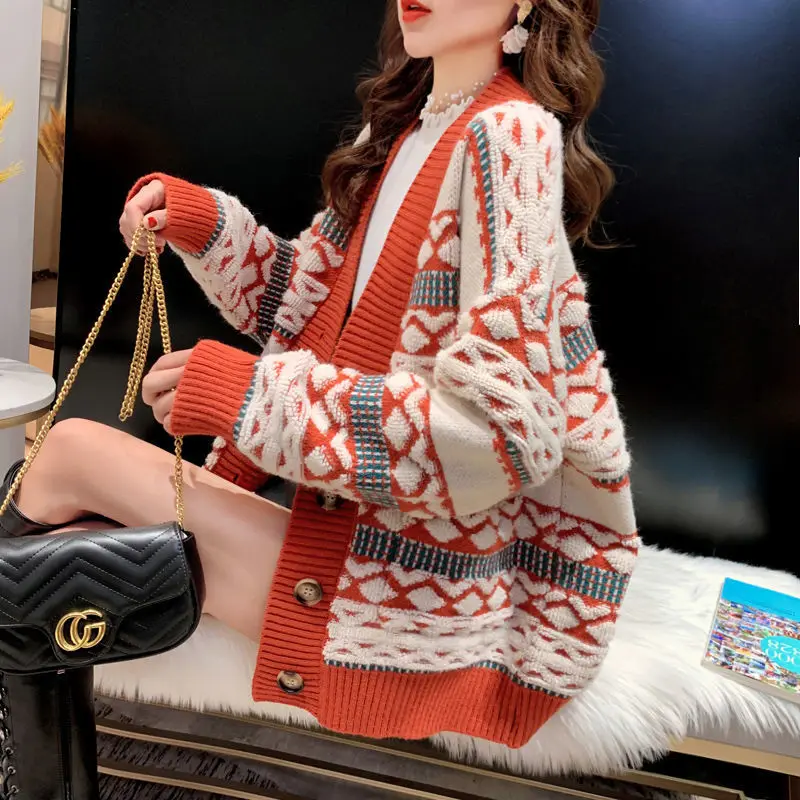 

EBAIHUI Cardigan for Women Plaid Jacquard Casual Loose Button Up Harajuku Sweater Knitted Jackets Oversize Coat Sweaters