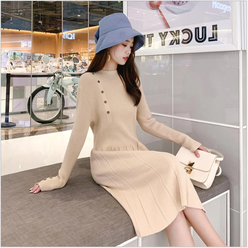 Женское трикотажное платье-свитер повседневное плиссированное платье-трапеция