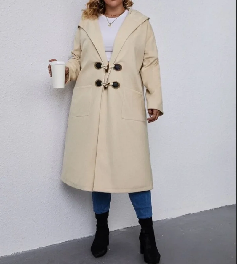 

Plue Size Women Solid Dual Pocket Hooded Duffle Overcoat