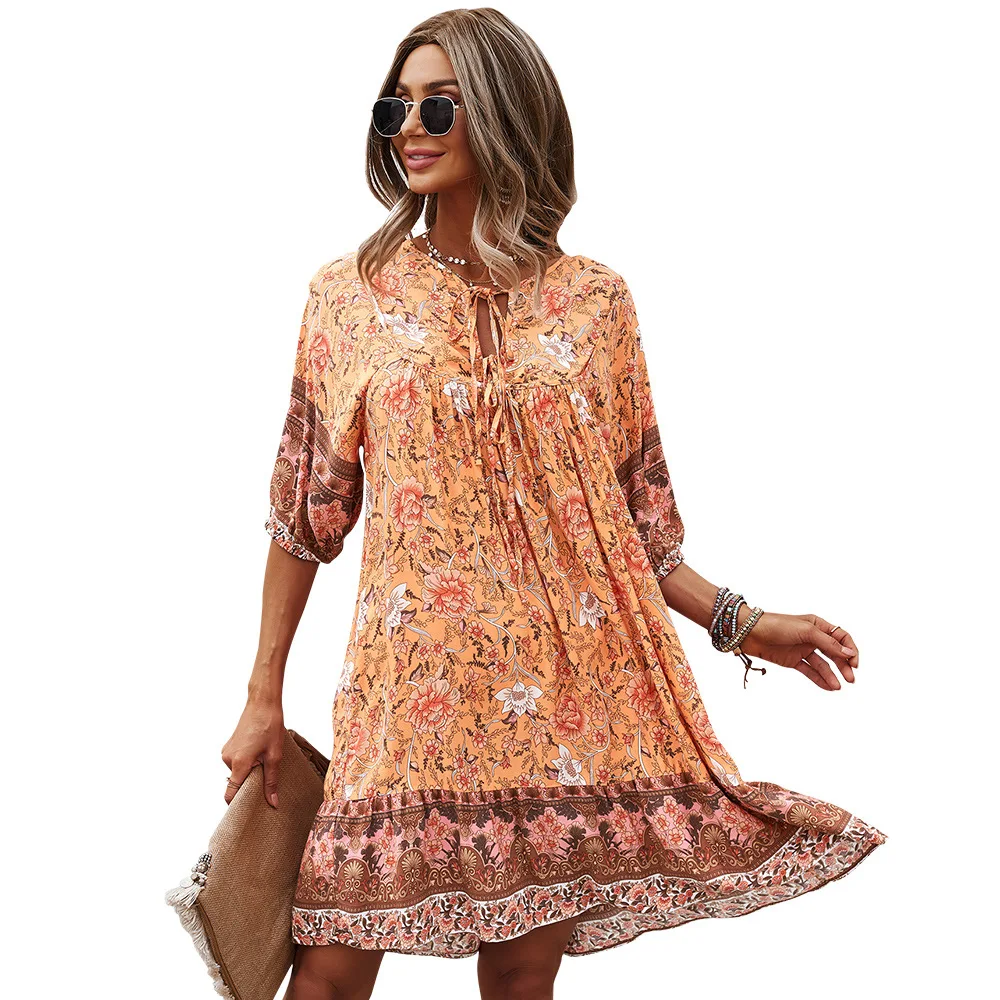 

Women Summer Beach Chiffon Dress Casual Short Sleeve Dress Boho Mini Party Dress Elegant V Neck Sundress Vestidos