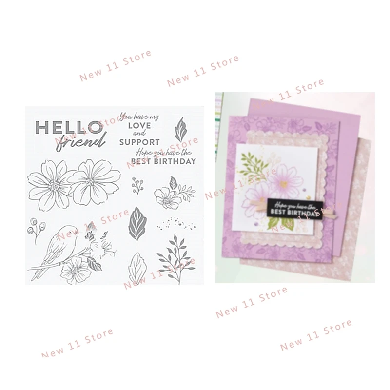 

New 2021-2022 Bird Flower Cutting Dies and Clear Stamps Scrapbooking For Paper Making Hello Friend Embossing Frame Card Craft