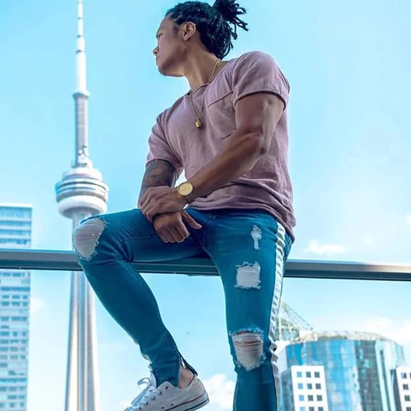 Мужские узкие эластичные рваные джинсы синие потертые зауженные в стиле хип хоп