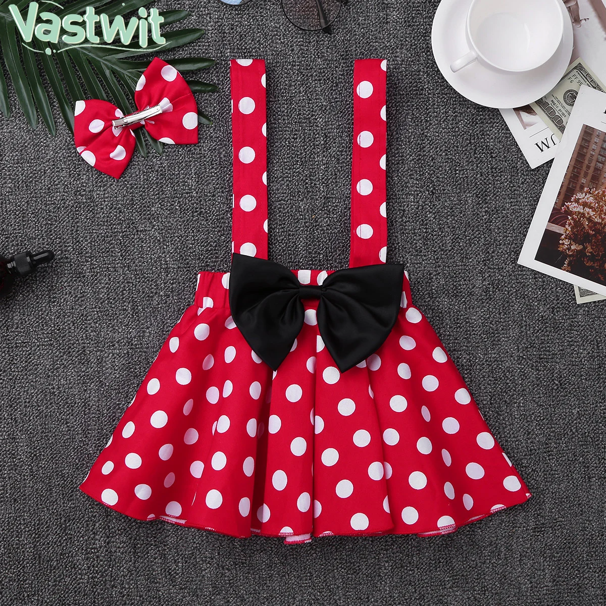

Toddler Kids Tutu Suspender Skirt Infant Baby Girl Polka Dots Skirts with Bow Hairpin Summer Button Bowknot Sundress Clothes