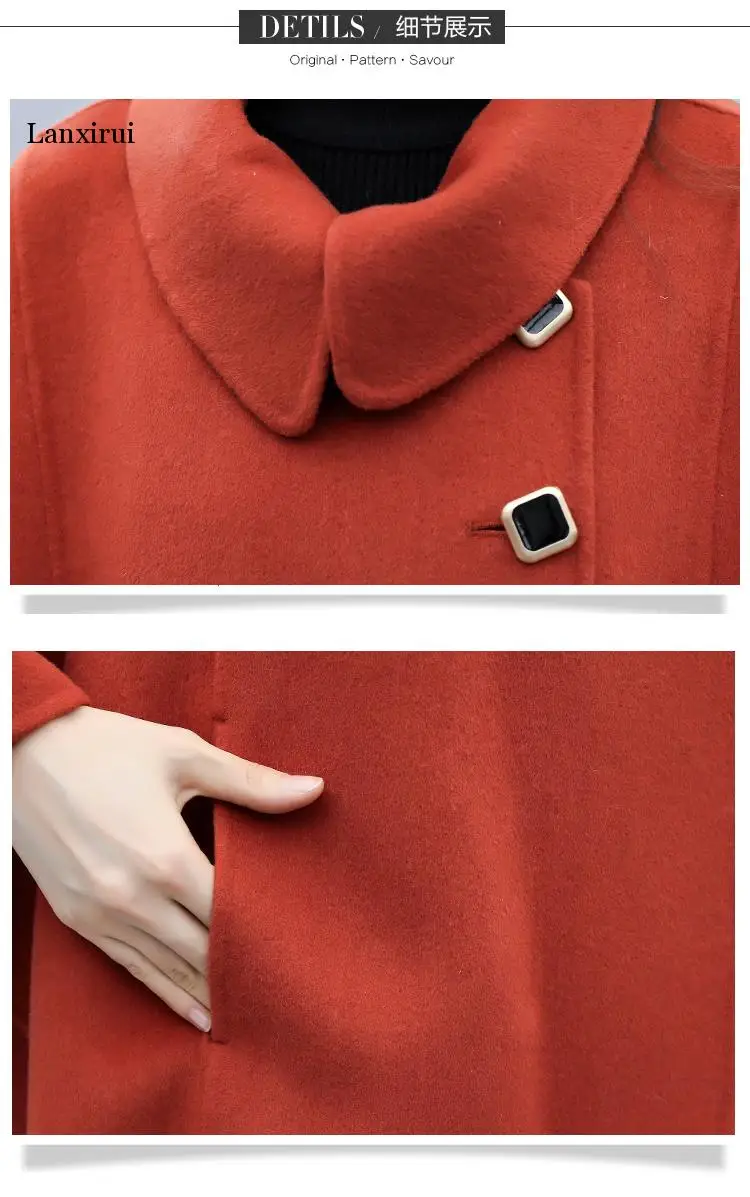 2 Piece Set Women Poncho Coat Turndown Collar Double Breasted Contrast Belt Woolen Cape with pants lanxirui |