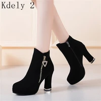 womens ankle boots platform high heels boots zipper square toes winter ladies boots black boots woman new suede drill shoes