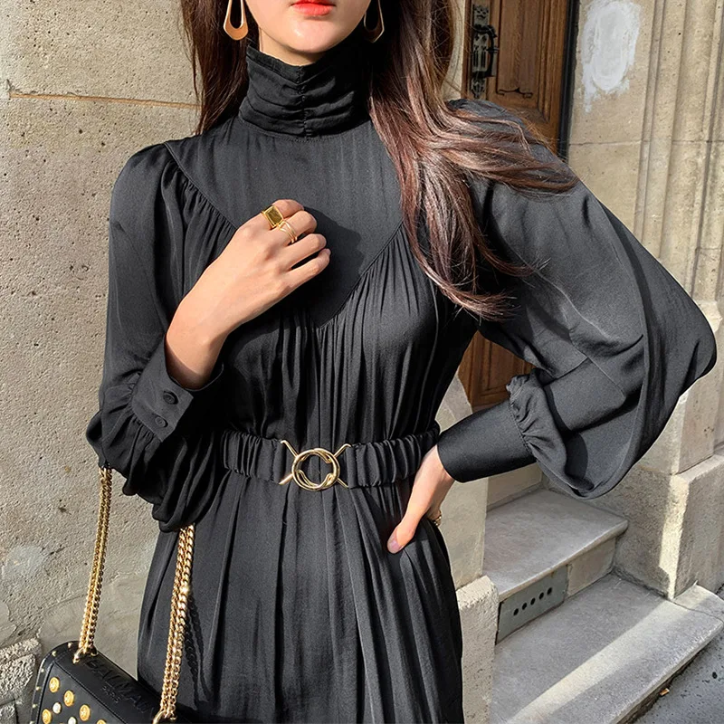 

Dresses Elegant Temperament Turtleneck Pleated Slim Waist Long Puff Sleeve Dress Women Autumn New Korean Style