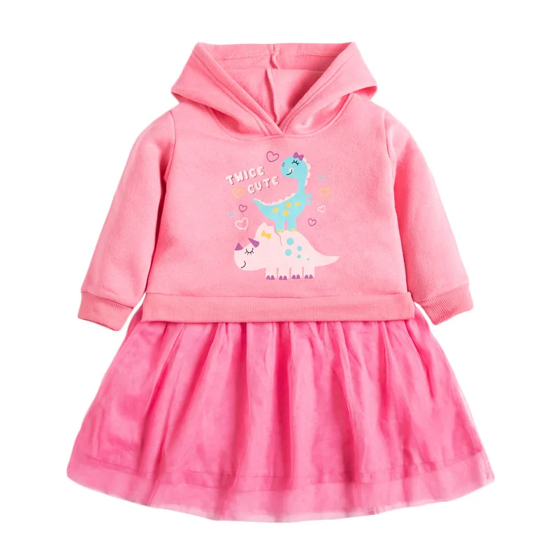 

Frocks for Baby Girl Brand Autumn Clothes Animal Applique Toddler Hooded Pink Dinosaur Print Fall Dress for Kids 2-7 Years