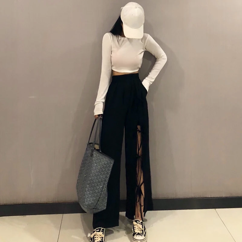 Женские повседневные брюки SHENGPALAE черные свободные с высокой талией и вырезами в