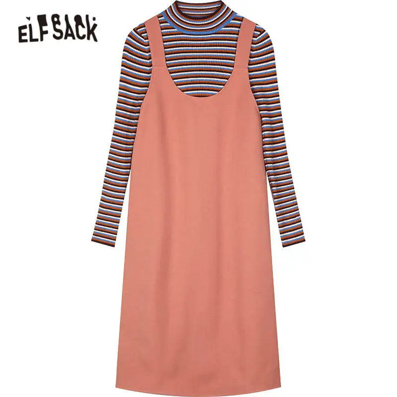 

ELFSACK Striped Full Sleeve Casual Dress Women Fake 2 Pieces Sets,2020 Autumn ELF Vintage Korean Ladeis Daily Matching Suits