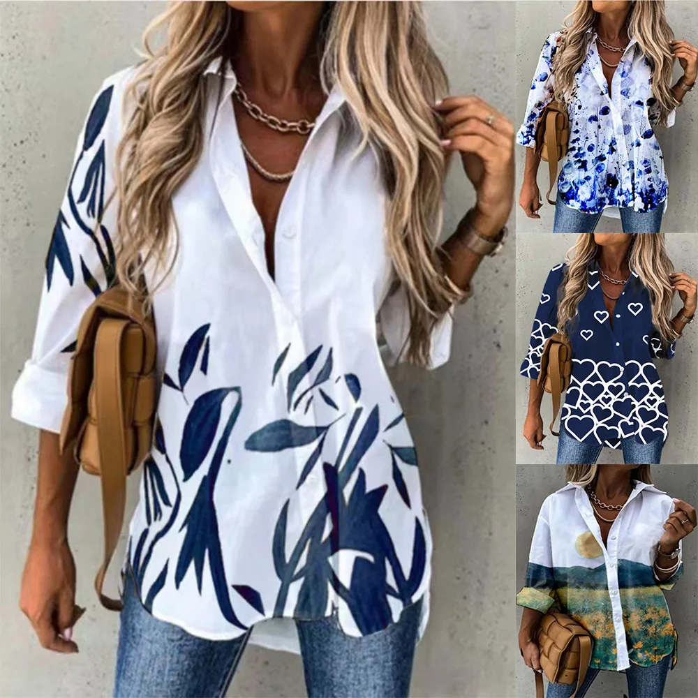 

Women Shirt Fashion Temperament Commuting Natural Scenery Printing Spring and Autumn Loose Long Sleeve V-neck Shirt Top