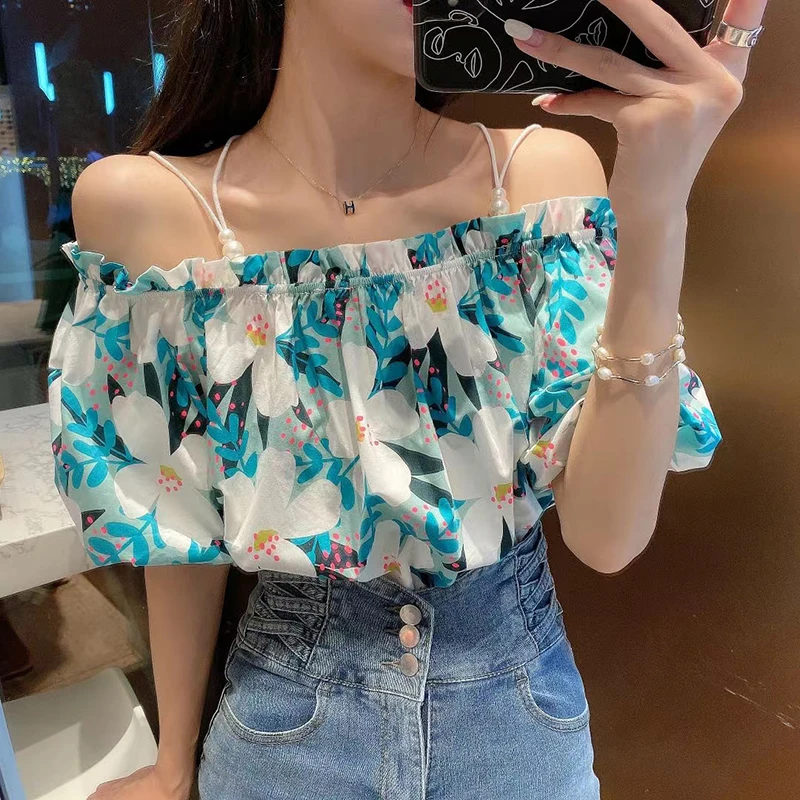

GALCAUR Print Pullover Shirt For Women Square Collar Puff Short Sleeve Hit Color Ruched Slim Blouses Female 2021 Clothing Summer