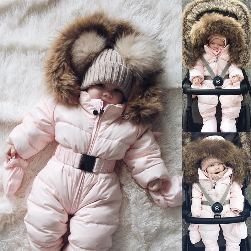 

Детские зимние комбинезоны с мехом и капюшоном, супертеплые комбинезоны для новорожденных, зимняя одежда для маленьких девочек, верхняя од...