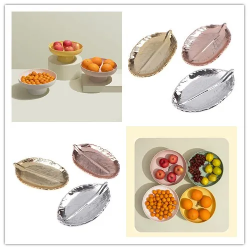 

Nordic PP Fruit Storage Rack Removable Snack Tray Candy Plate and Ceramic Leaves Plate Snacks Dessert Silver Storage Tray