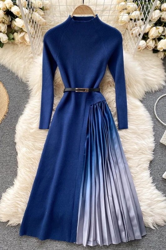 

vestidos mujer 2020 autumn winter clothes dresses elegant vintage patchwork knitted long sleeve party dress A-line long dress