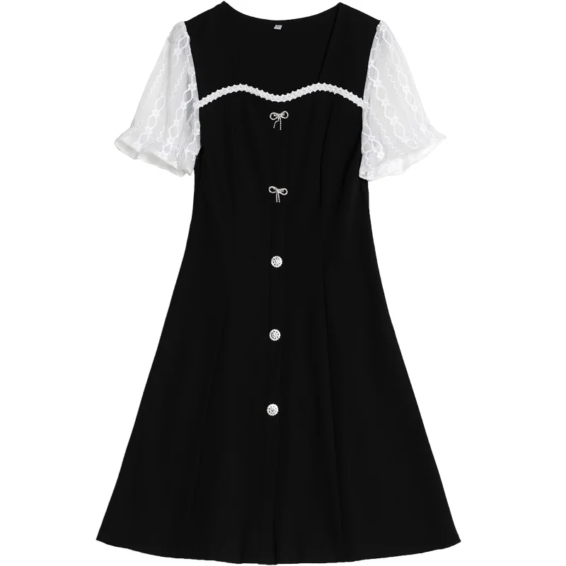 

2021 summer new style lace stitching a-line skirt Hepburn style black temperament dress women