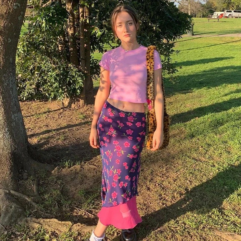 

Women Summer Boho Beach Skirts Mesh Floral Print Patchwork Slim Bodycon Midi Skirt High Waist Bottoms Casual Vocation