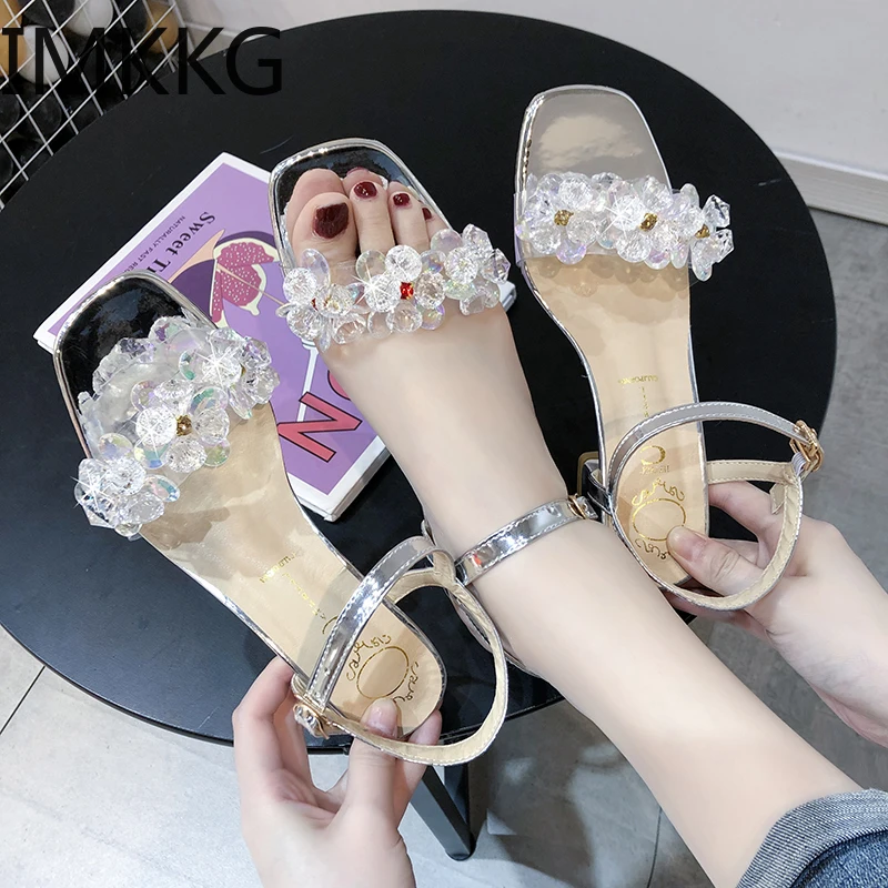 Модная обувь Женская летняя Прозрачные сандалии со стразами Женские ботильоны