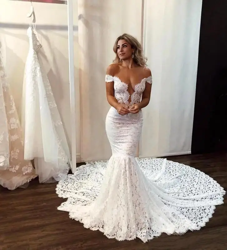 

Mermaid Full Lace Wedding Dresses Sexy Off Shoulder Sheer Back Long Trumpet 2022 Modern Chic Bridal Gowns Vestido De Noiva